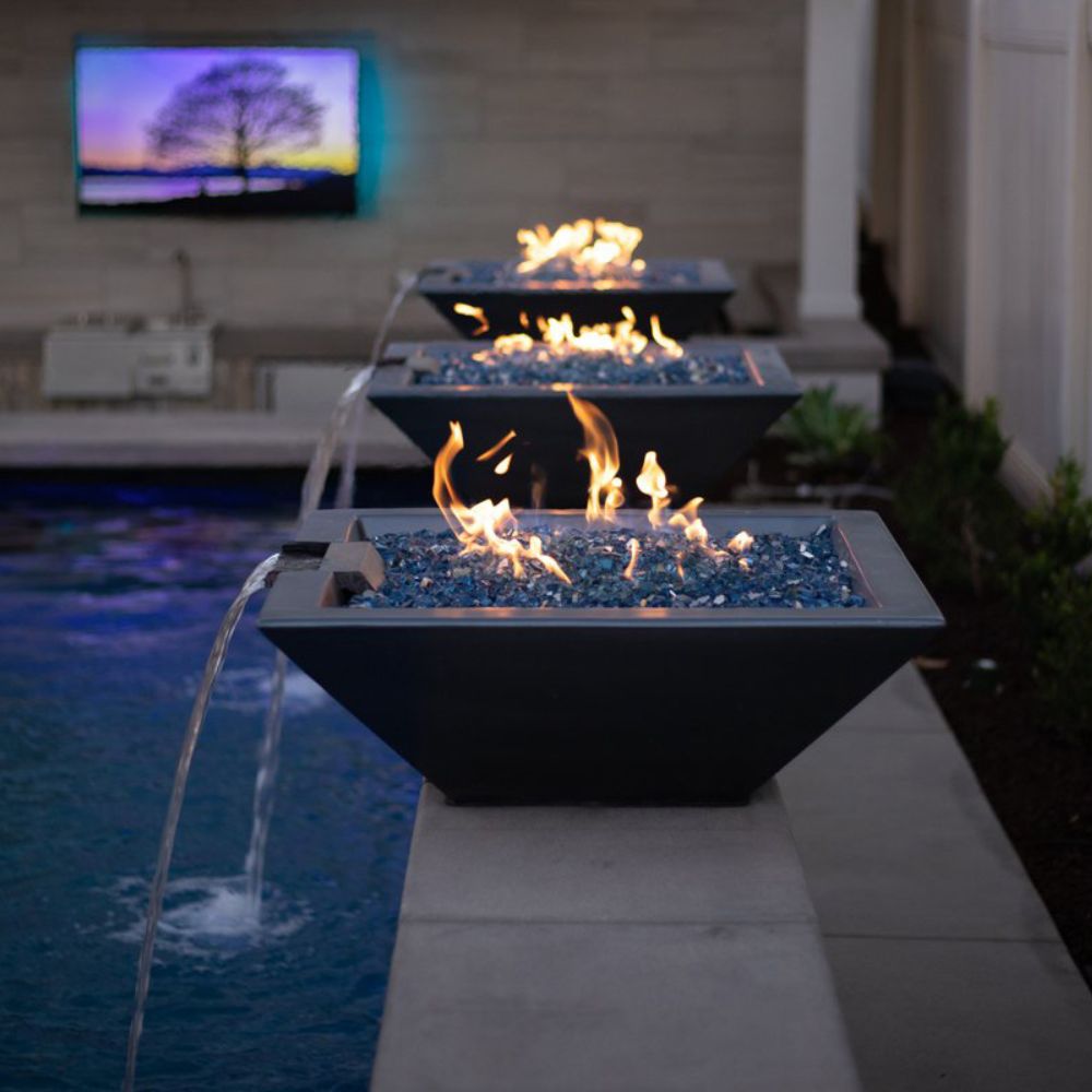 Maya Glass Fiber Reinforced Concrete Square Fire & Water Bowl - Liquid Propane - Electronic Ignition