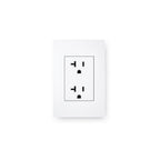 White wall socket with black outlets on a white background