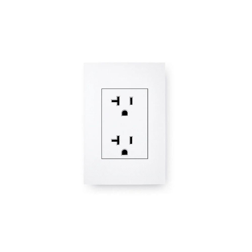 White wall socket with black outlets on a white background