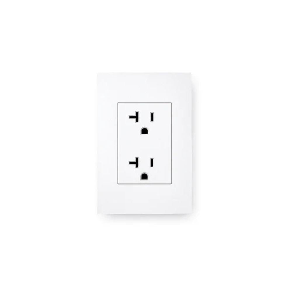 White wall outlet with black socket design on a white background