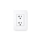 White wall outlet with black socket design on a white background