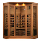 Wooden sauna with glass panels on a white background