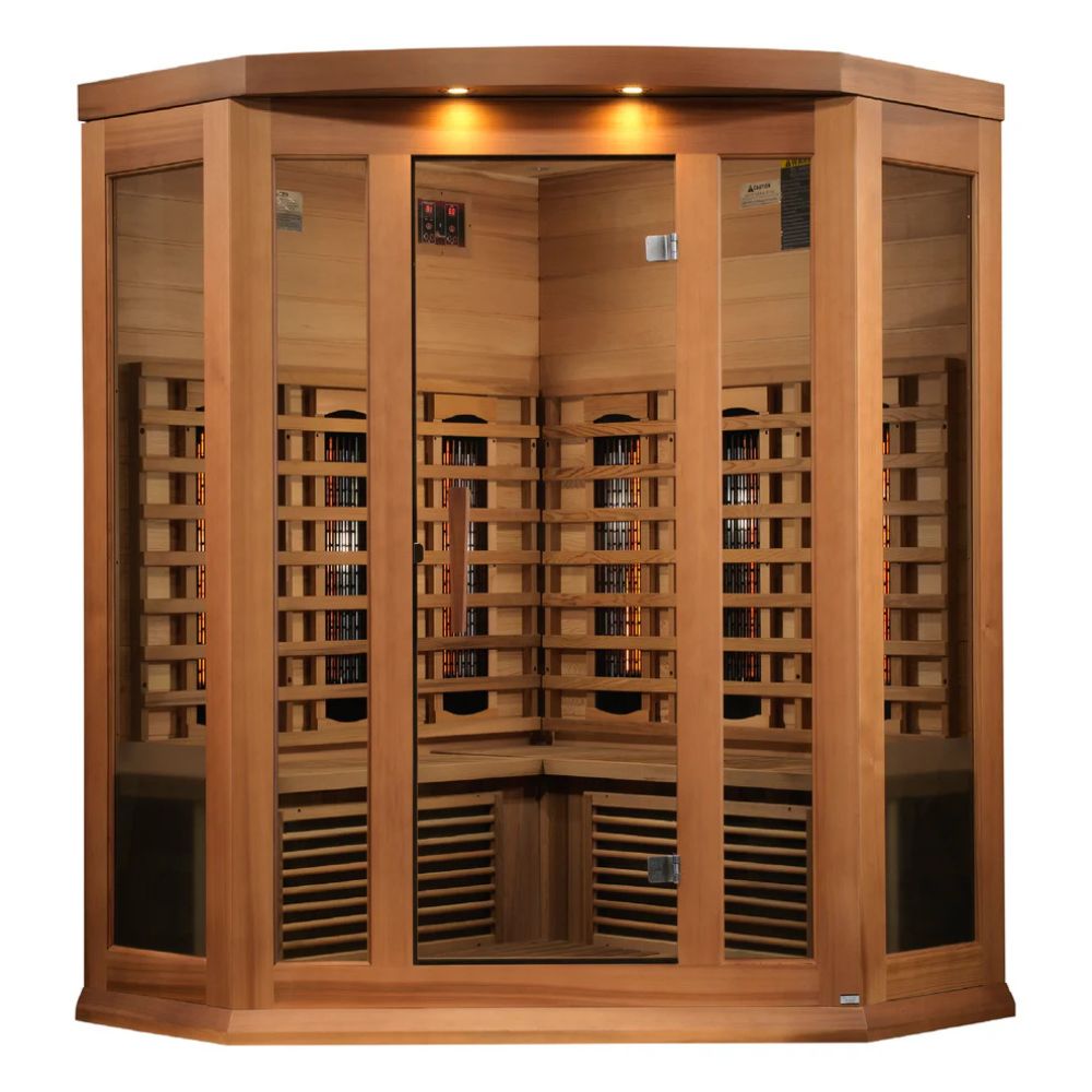 Wooden sauna with glass panels on a white background
