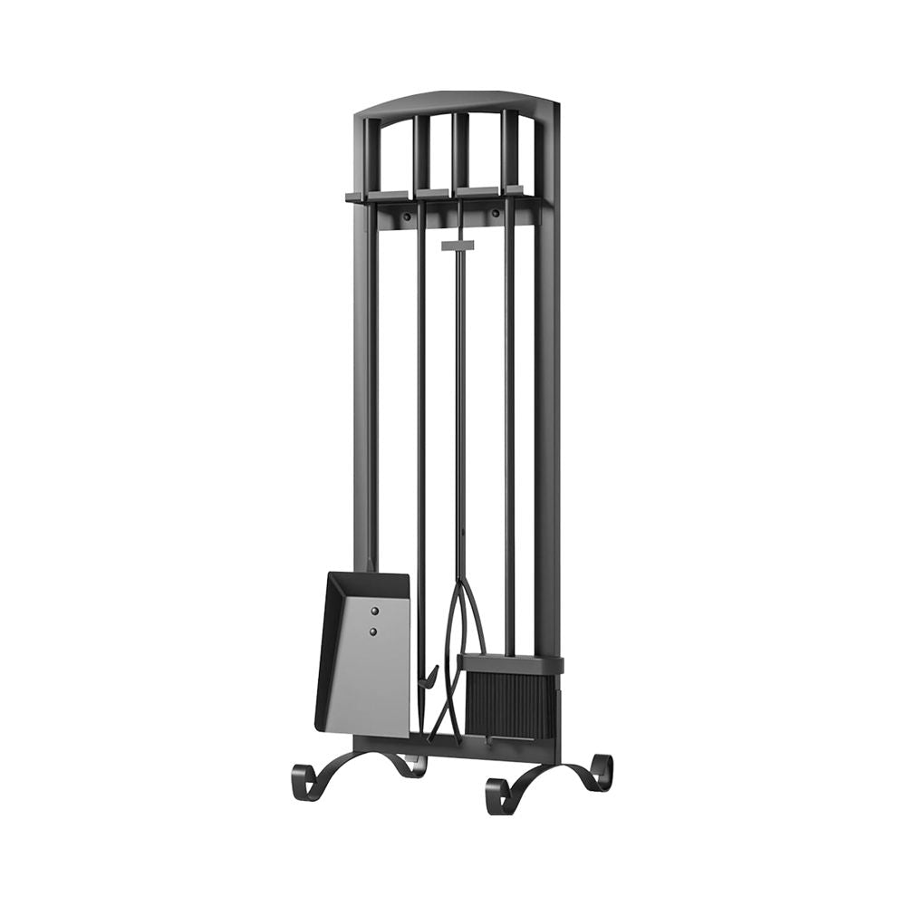 Black metal firewood holder with a screen on a white background