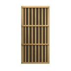 Wooden screen door with vertical slats on a white background