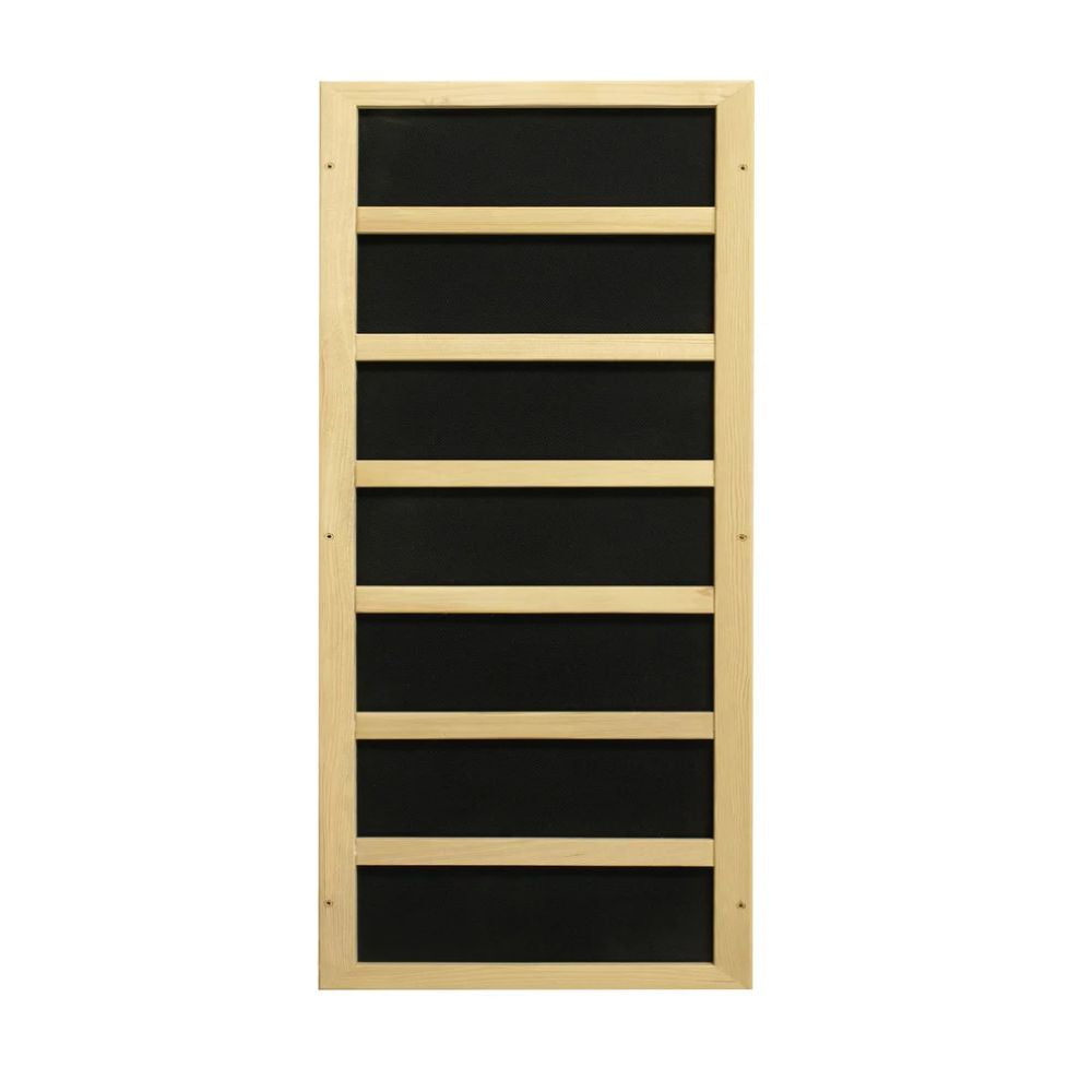 Wooden wall-mounted shelf with black panels on a white background