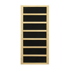 Wooden wall-mounted shelf with black panels on a white background