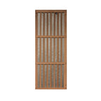 Wooden screen door with slatted design on a white background