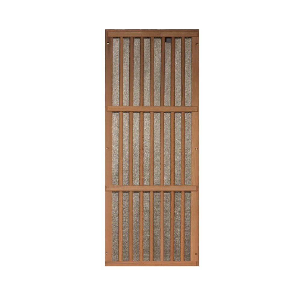Wooden screen door with slatted design on a white background
