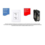 Electrical components including a plug, socket, and circuit breaker on a white background with text.