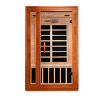 Infrared sauna with wooden frame and glass panels on a white background