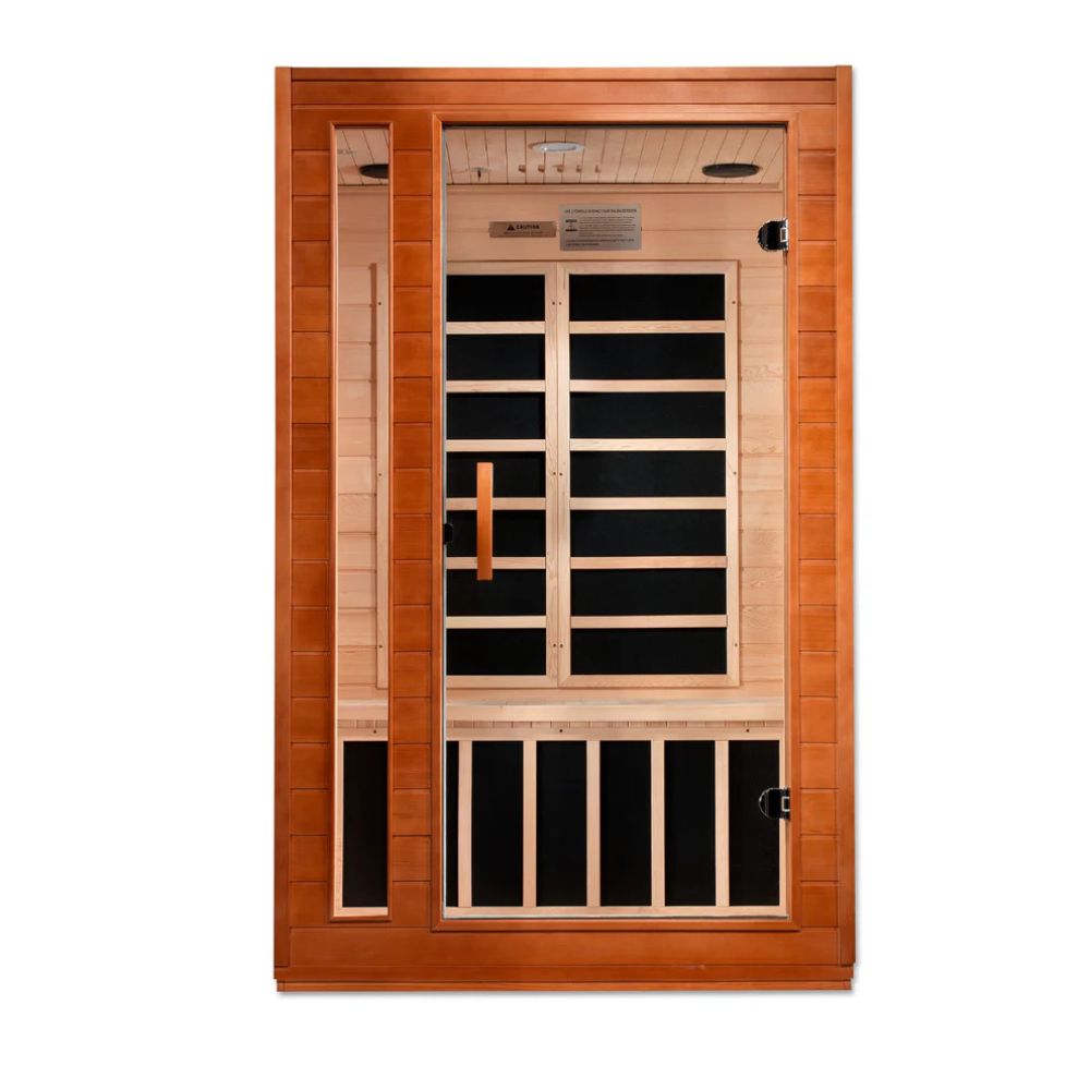 Infrared sauna with wooden frame and glass panels on a white background