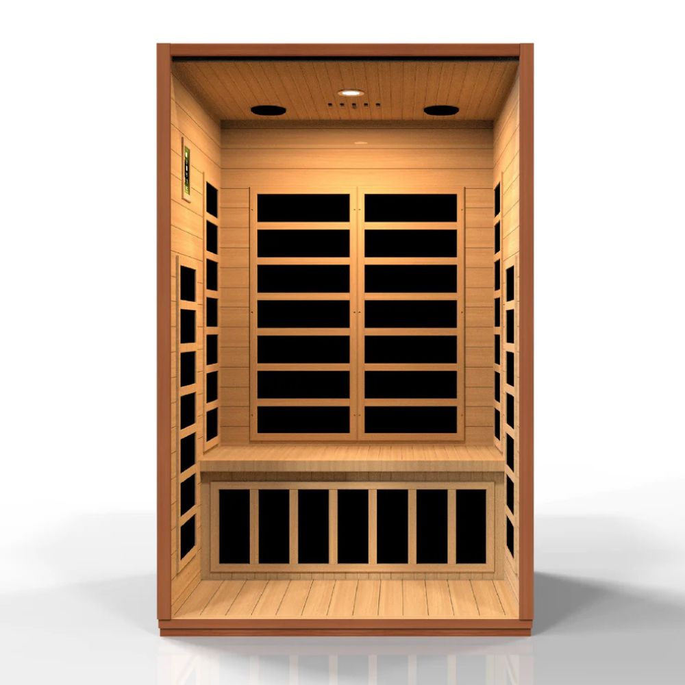 Wooden sauna with interior lights on a white background