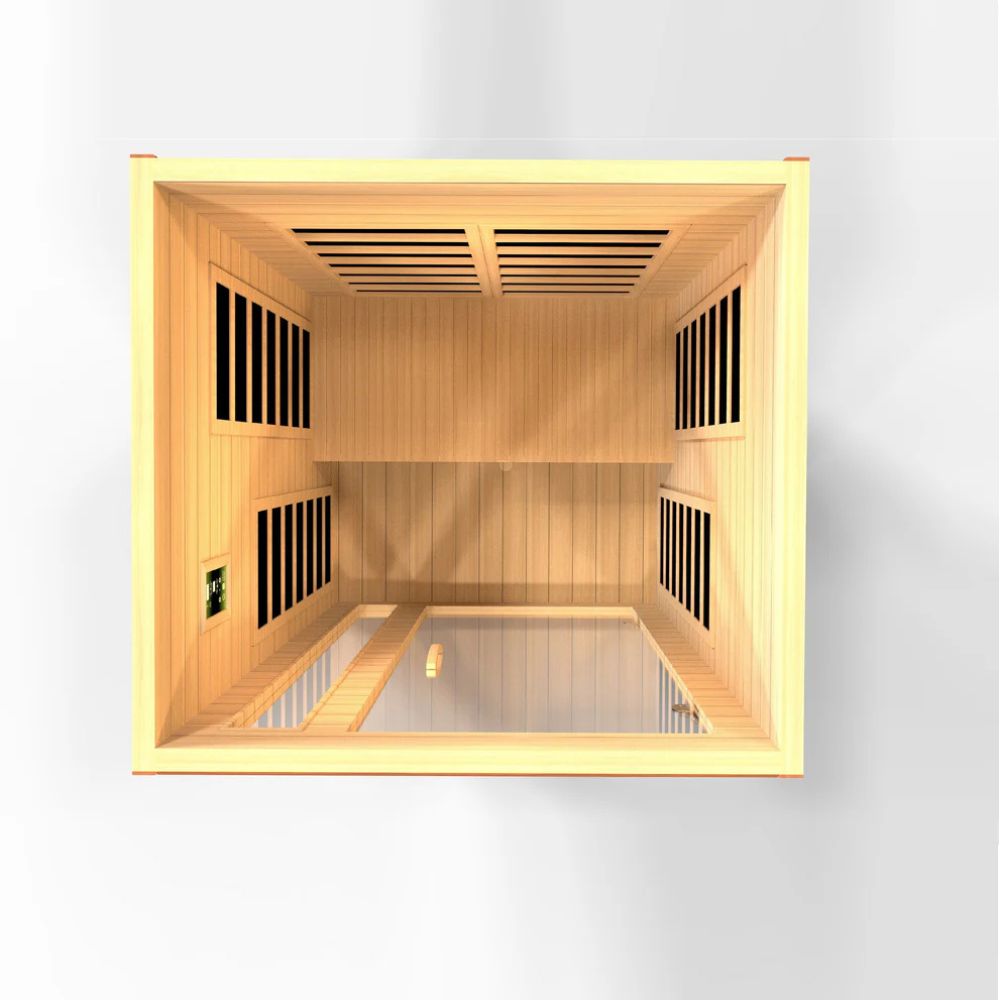 Wooden sauna with four vents on a white background