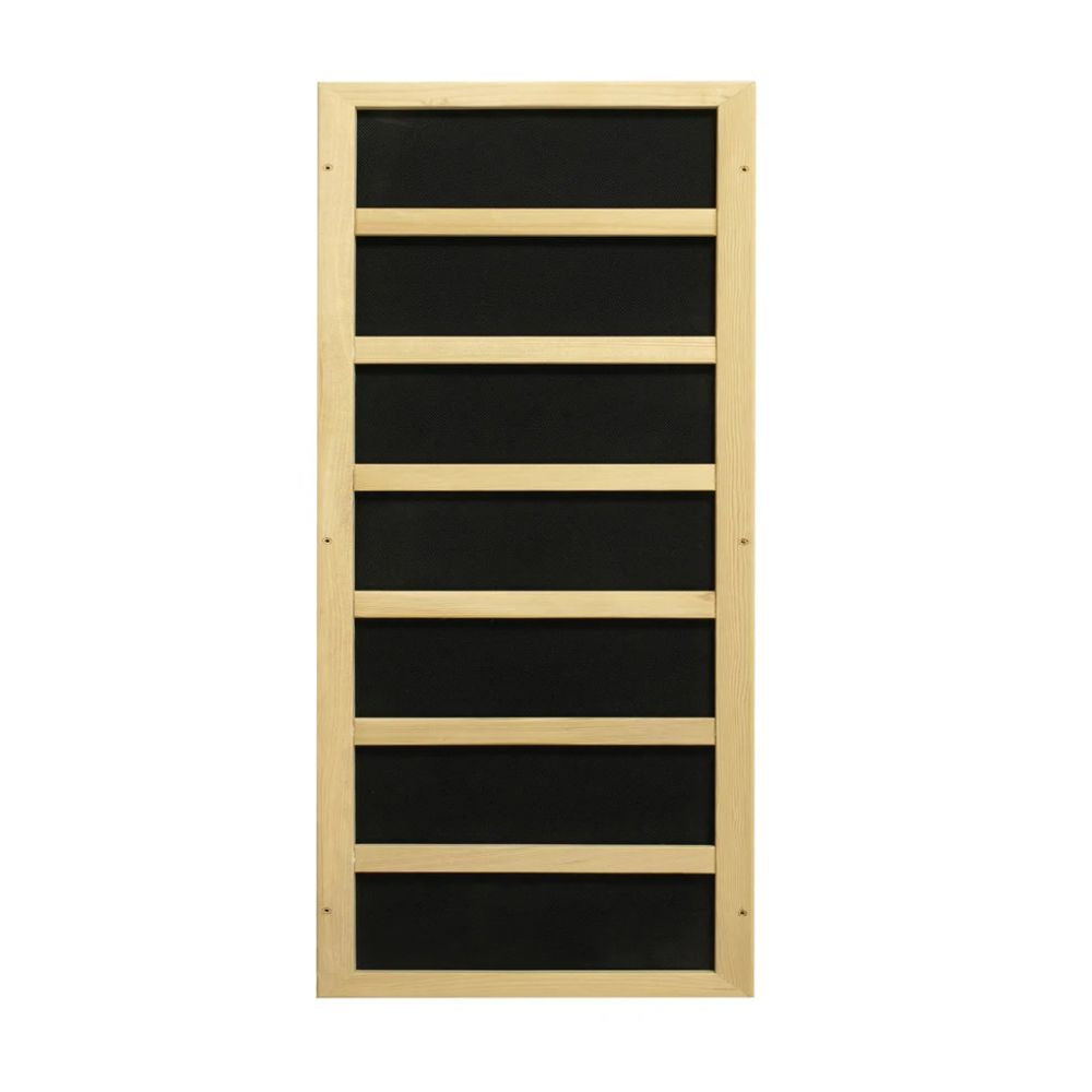 Wooden shelf with black panels on a white background
