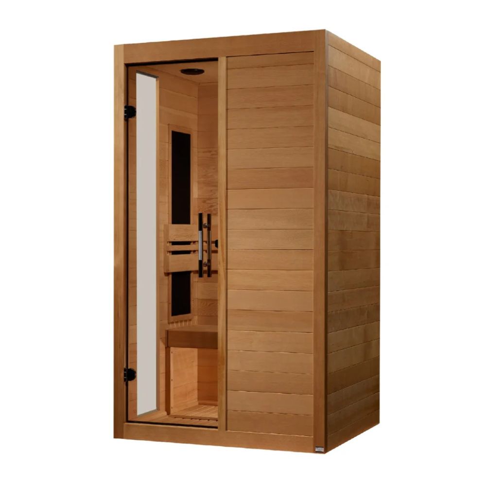 Wooden sauna with glass door on a white background