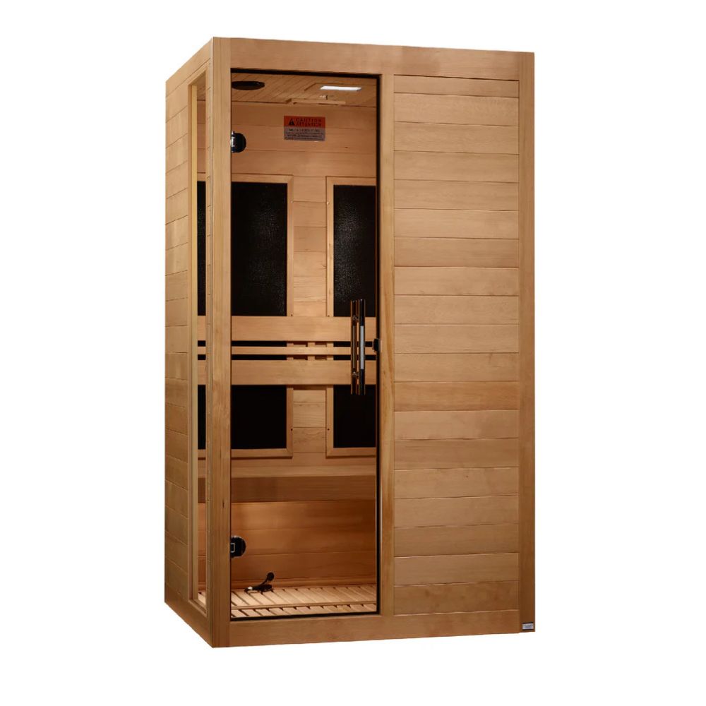 Wooden sauna with a closed door on a white background