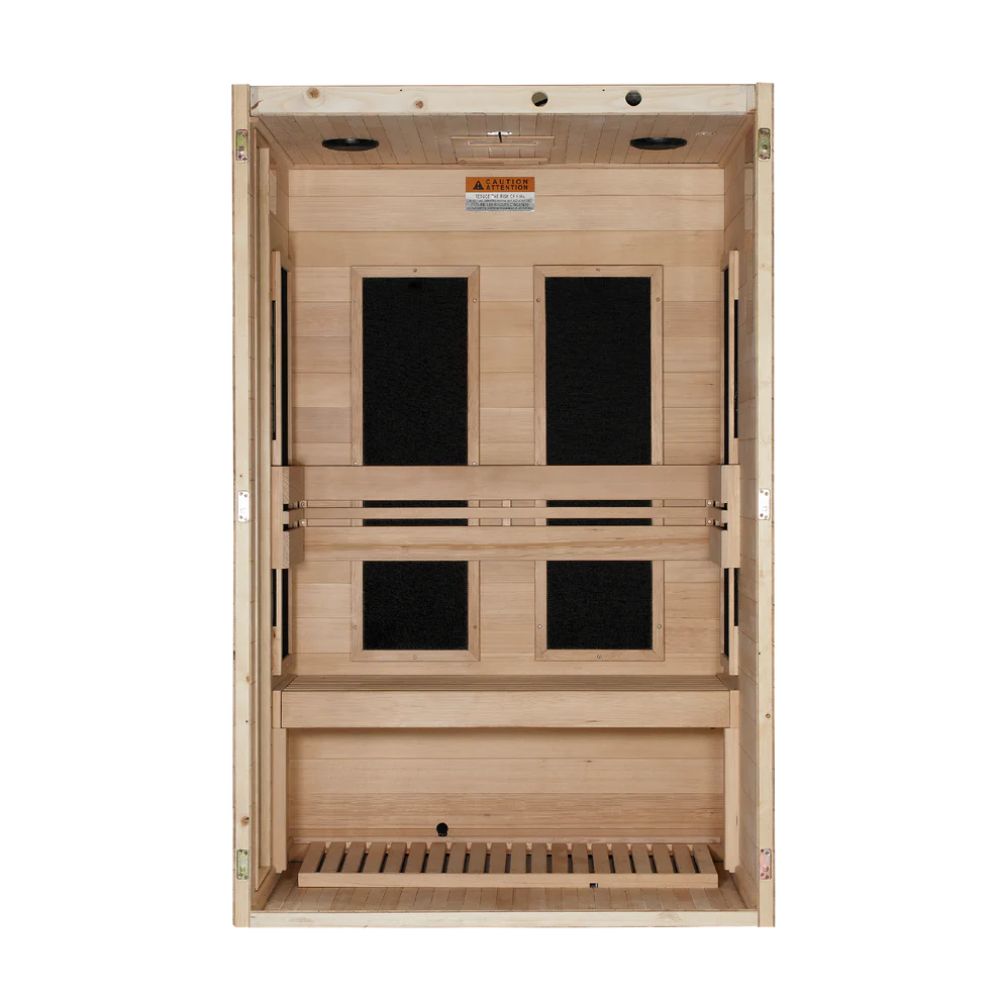 Wooden sauna with glass panels on a white background