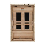 Wooden sauna with glass panels on a white background