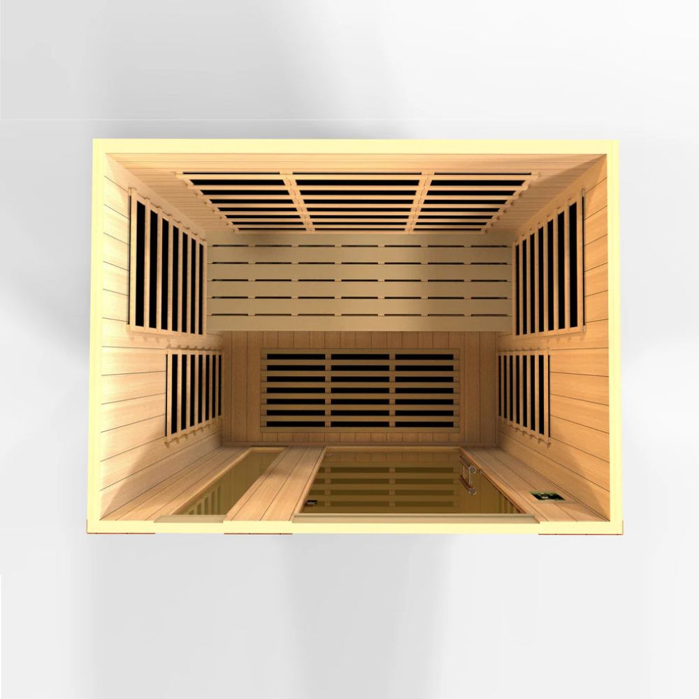 Wooden sauna with glass door on a white background