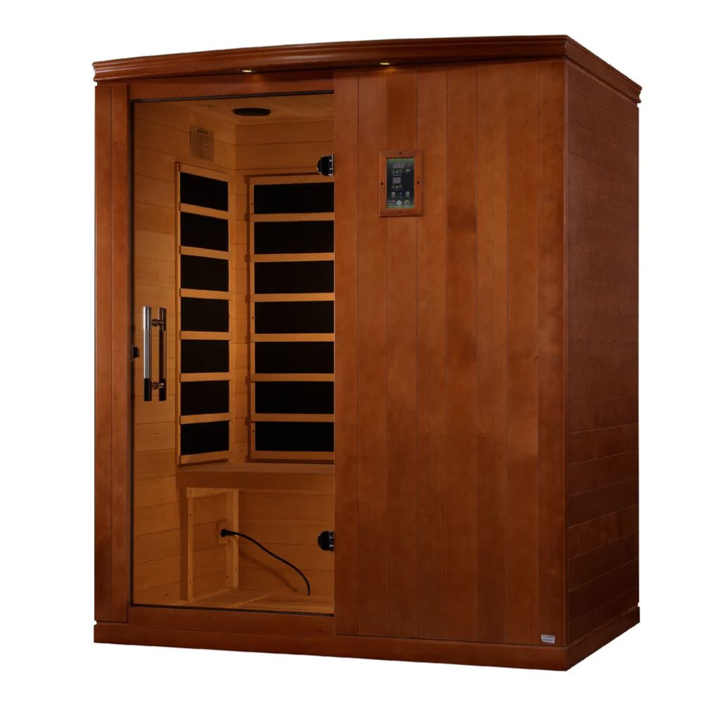 Wooden infrared sauna with open door on a white background