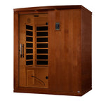 Wooden infrared sauna with open door on a white background