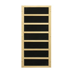 Wooden shelf with black panels on a white background