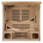 Wooden sauna with benches and ventilation system on a white background