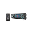 Car stereo system with touchscreen display and remote control on a white background