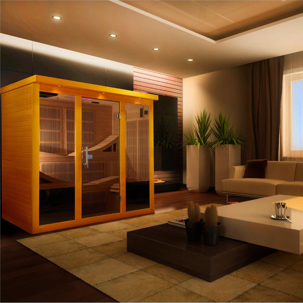 Modern interior with a sauna, sofa, and decorative elements.