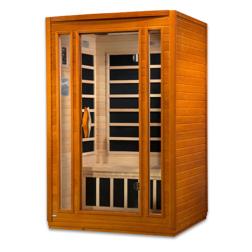 Wooden sauna with glass door on a white background