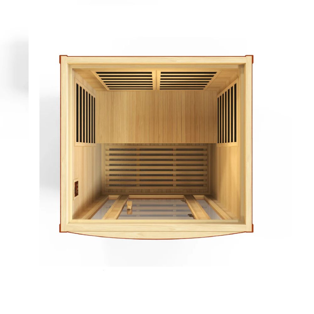 Wooden sauna with slatted design on a white background