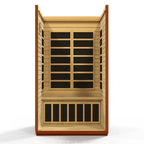 Wooden sauna with glass panels on a white background