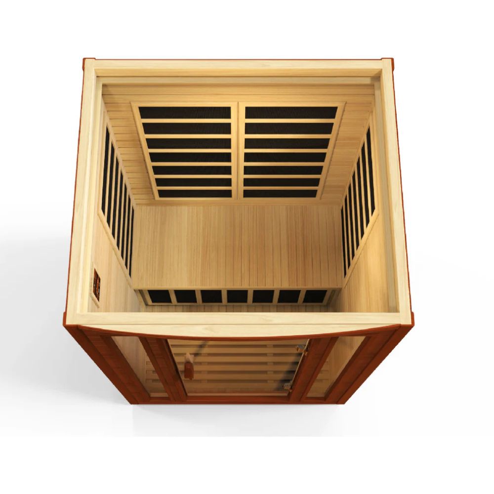 Wooden sauna with slatted design on a white background