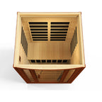 Wooden sauna with slatted design on a white background