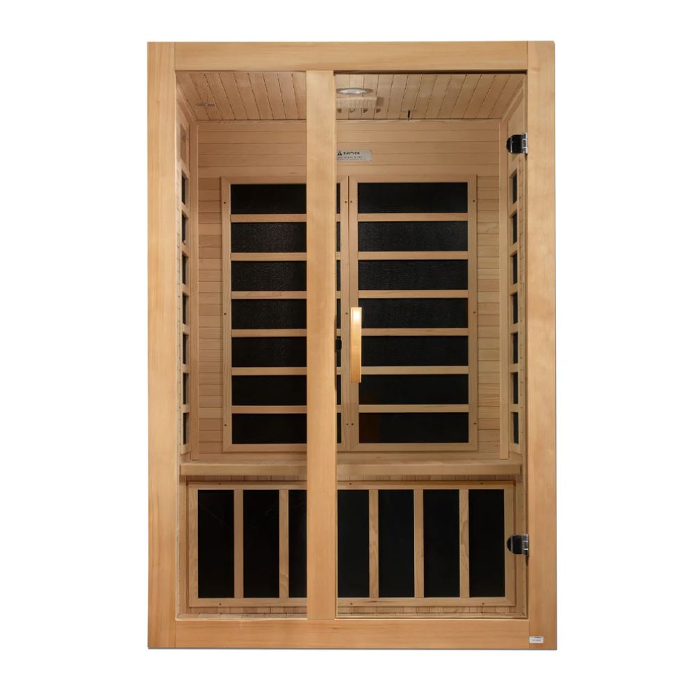 Wooden sauna with glass panels on a white background