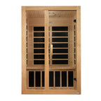 Wooden sauna with glass panels on a white background