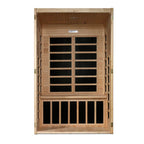 Wooden sauna with glass panels on a white background