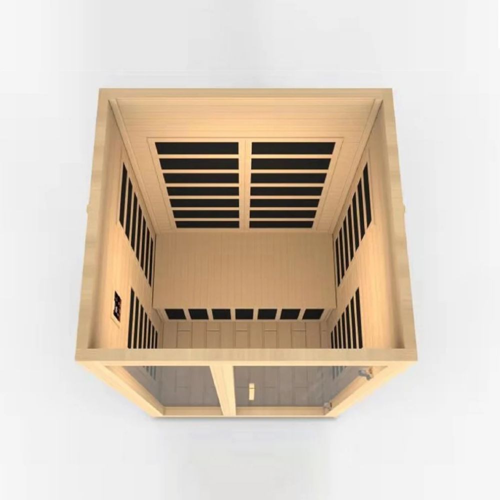 Wooden sauna with black interior on a white background