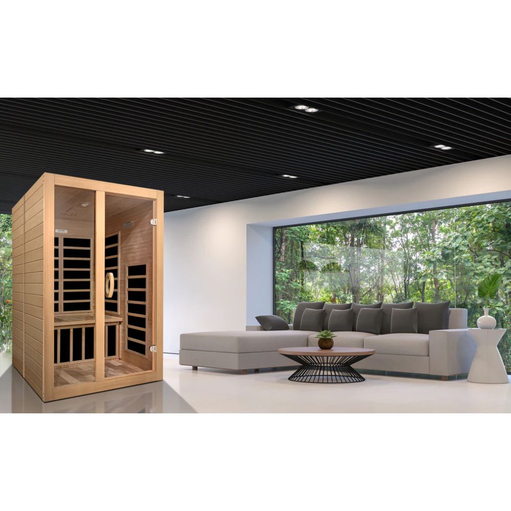 Infrared sauna in a modern living room with a sectional sofa and large window.