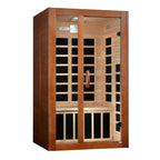 Wooden sauna with glass panels on a white background