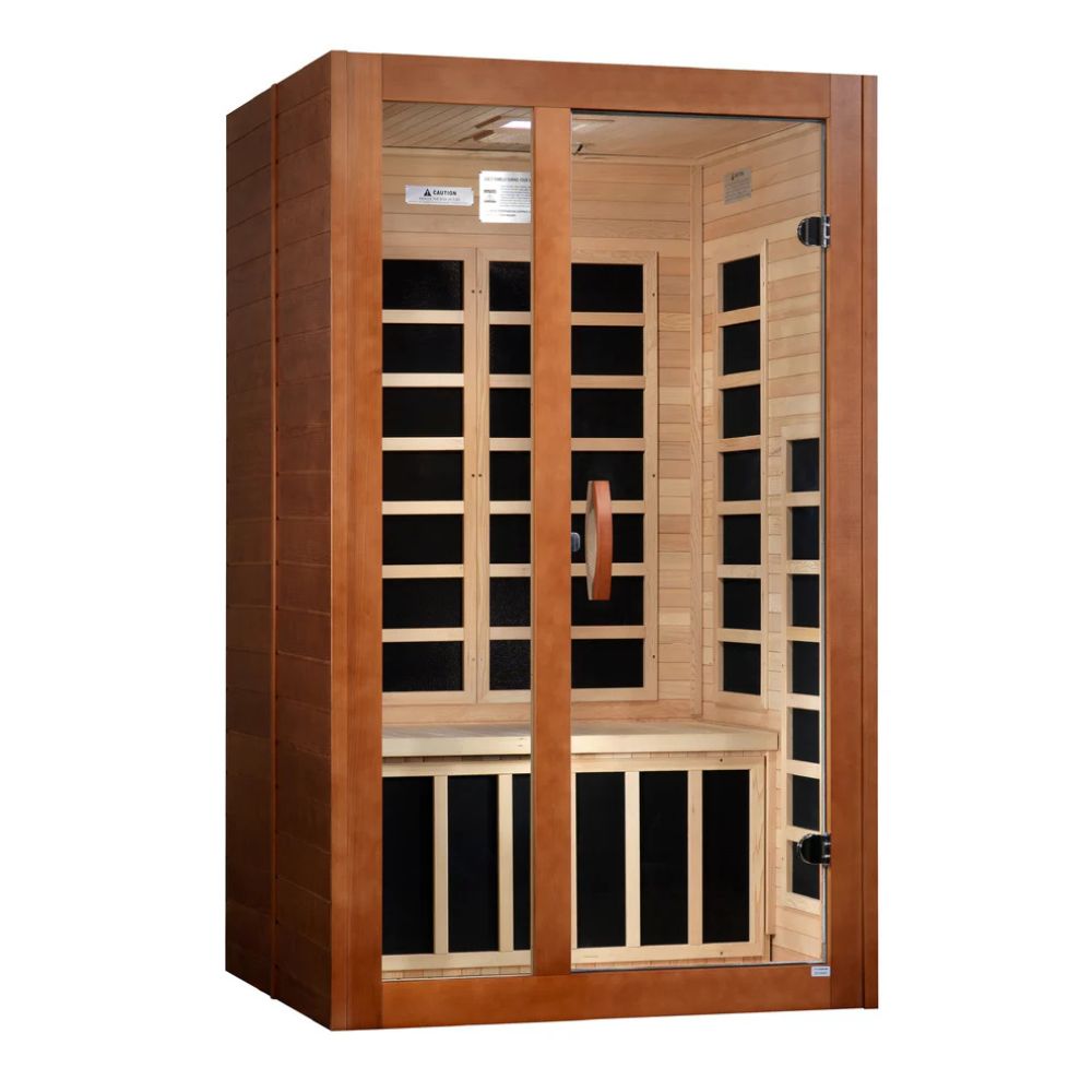 Wooden sauna with glass panels on a white background