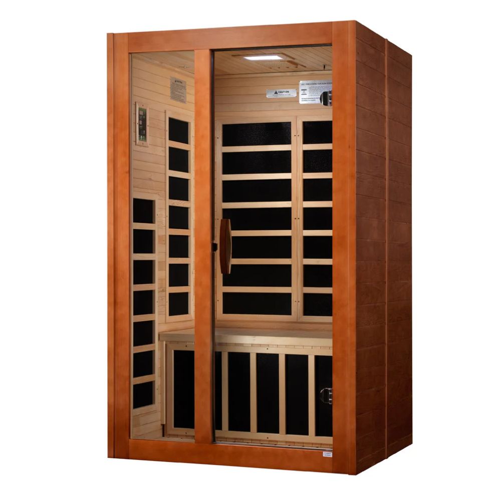 Wooden sauna with glass door on a white background