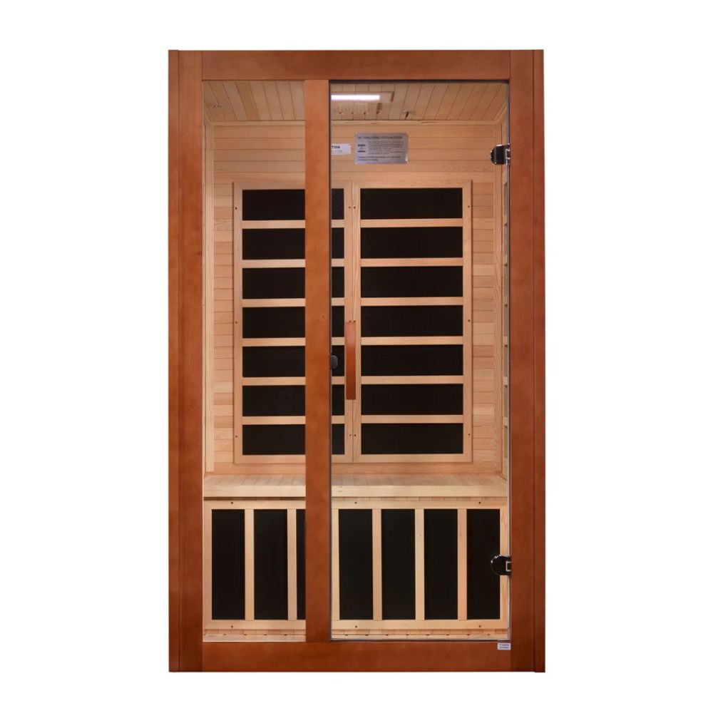 Wooden sauna door with glass panels on a white background
