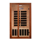 Wooden sauna door with glass panels on a white background