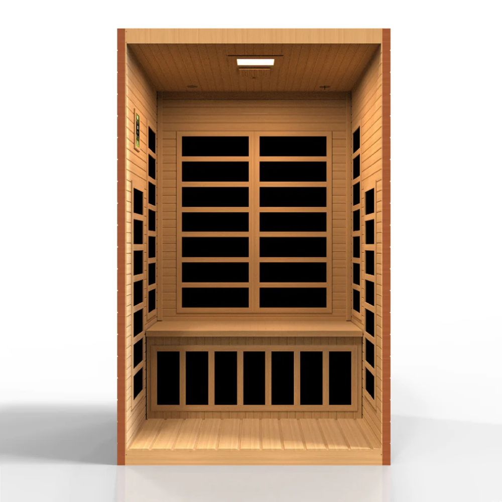 Wooden sauna with black interior panels on a white background