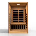 Wooden sauna with black interior panels on a white background