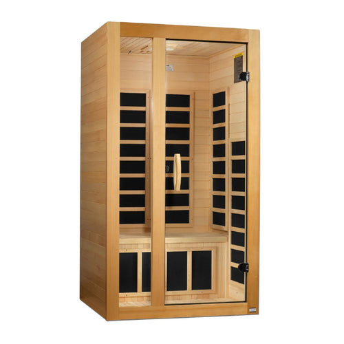 Wooden sauna with glass door on a white background