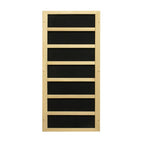 Wooden shelf with black panels on a white background