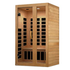 Wooden sauna with glass panels on a white background
